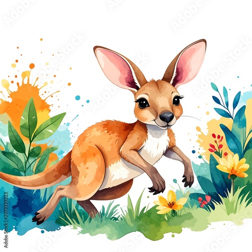 Cute Young Kangaroo Standing in Colorful Watercolor Garden Scene
