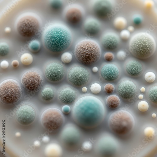 Close-up of fuzzy circular growths in various colors on a light background. Use: scientific illustration, medical poster, abstract art.