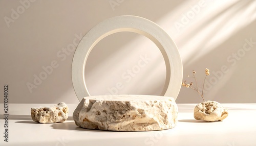 A stone-like pedestal with a circular frame and other stones. Subtle shadows and dried flora complete this neutral-toned composition