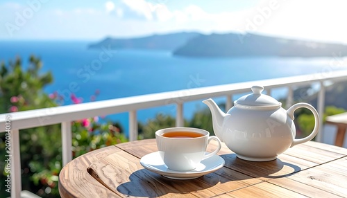 Afternoon Tea Set on Balcony Overlooking Calm Blue Sea
