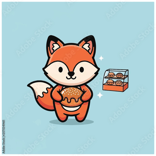 Foto Cartoon Fox Holding Donut Treat.