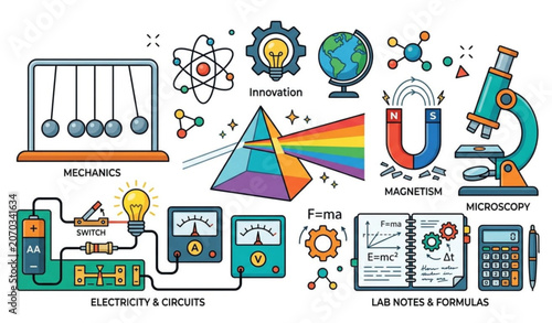 Photos Physics educational infographic chart with mechanics and circuits