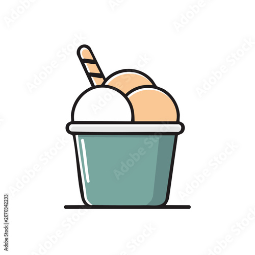 Flat illustration of ice cream in a cup with waffle cone