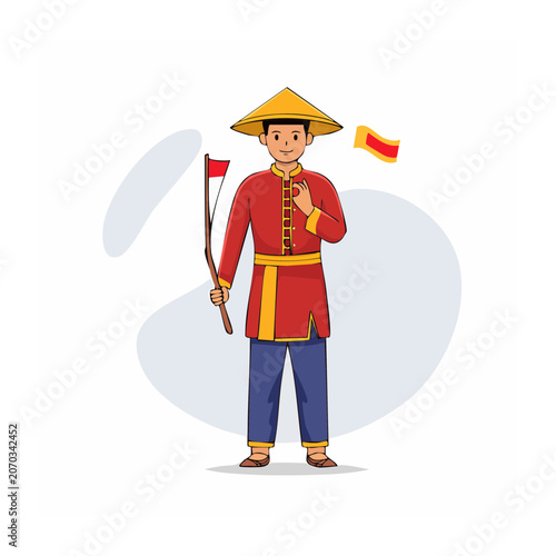 Man in Traditional Asian Clothing Holding Flag and Spear