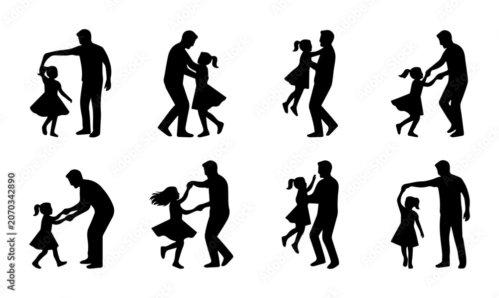 Obraz premium Father Daughter Dance Silhouettes, Family Bonding Moments, Joyful Childhood Memories, Vector Set