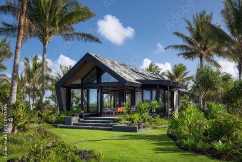 Modern house stands surrounded by green plants and palm trees under a clear sky in a tropical location during daytime hours