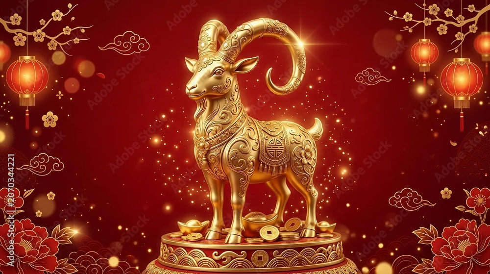 Fototapeta premium Golden ram figurine standing on a podium with traditional gold coins and ingots