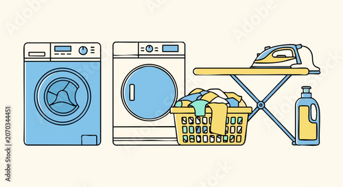 Household laundry appliances and ironing set.