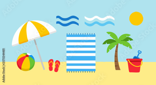 Summer beach vacation elements set with umbrella and palm tree.