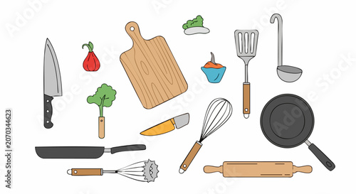 Set of hand drawn kitchen tools and cooking utensils.