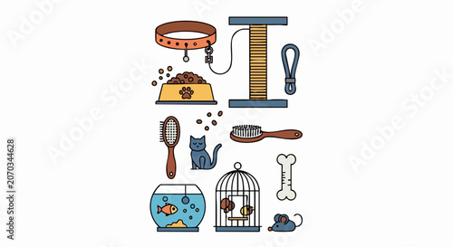 Set of cute cartoon pet care accessories and animal supplies.