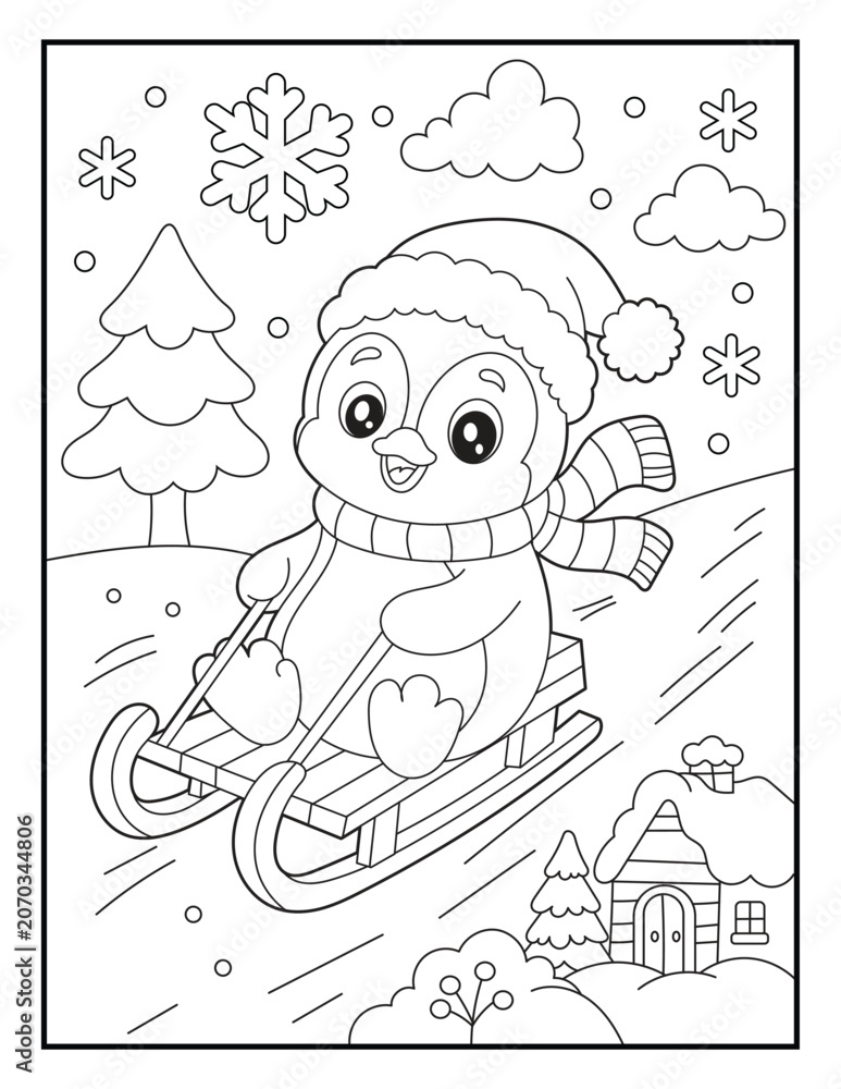 Fototapeta premium Cute Penguin Riding Sled Coloring Page for Kids and Adults. Printable Cartoon Winter Adventure Illustration