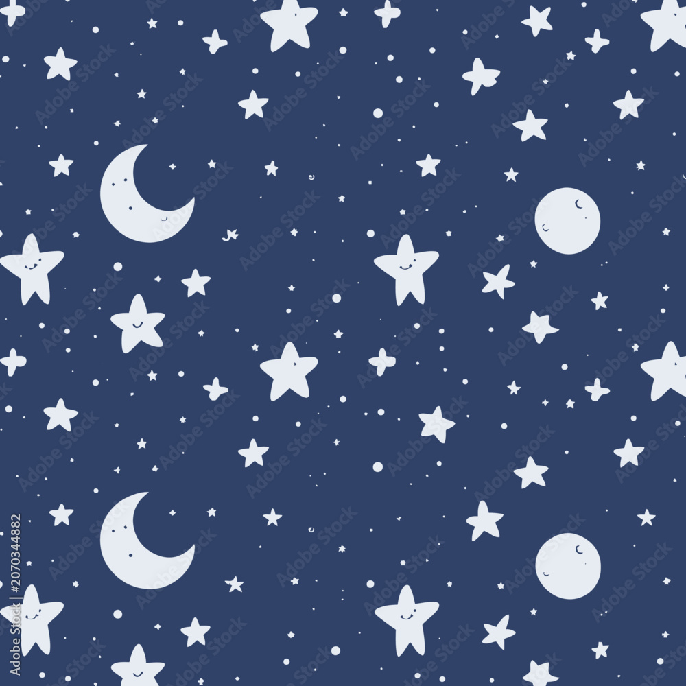 Naklejka premium Cute cartoon moon and stars seamless pattern for kids.