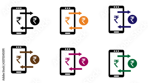 Φωτογραφία Mobile Payment Transfer Icon Set — Smartphone with Indian Rupee Coin and Bidirec