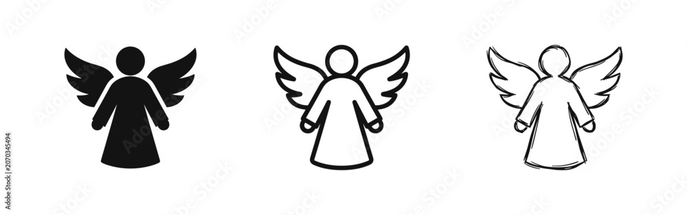 Fototapeta premium Set of angel character icons in solid, outline, and sketch styles