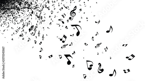 Musical notes swirl in a chaotic pattern across the white canvas to represent auditory movement.