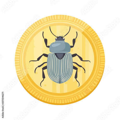 Beetle on Gold Coin Flat Vector Illustration