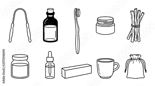 Hand drawn black and white line art set of zero waste dental care and hygiene products.