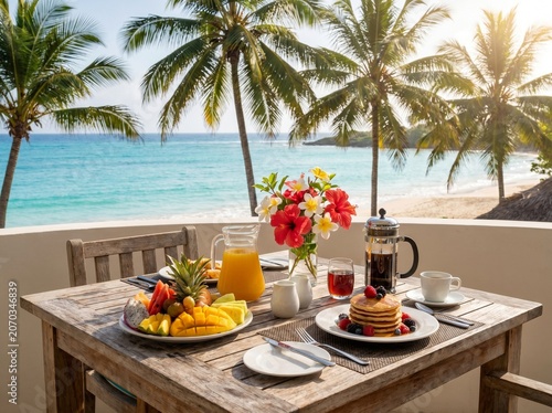 Fotografía Luxury breakfast table at a tropical beach resort with ocean view
