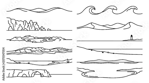 Minimalist continuous line drawing of ocean waves and coastal landscape horizons set.