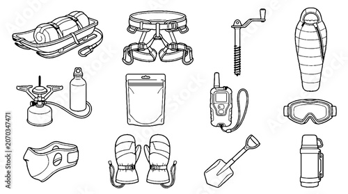 Winter Mountaineering and Alpine Climbing Equipment Line Art Illustration Set.