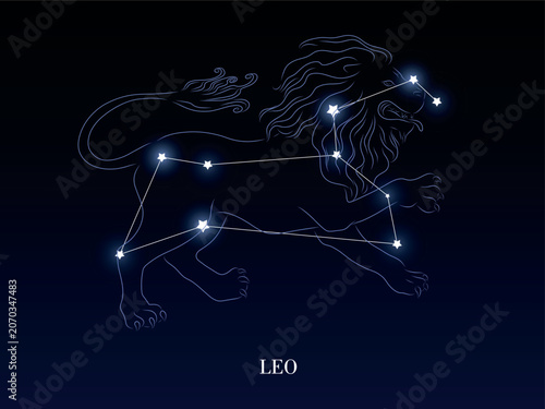 Leo zodiac constellation on a dark night sky background with stars, astrology astronomy vector design elements. With illustration