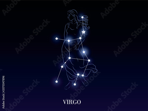 Virgo zodiac constellation on a dark night sky background with stars, astrology astronomy vector design elements. With illustration