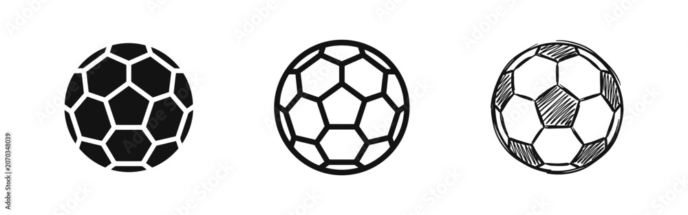 Naklejka premium Soccer ball or football icons set, sports equipment symbols