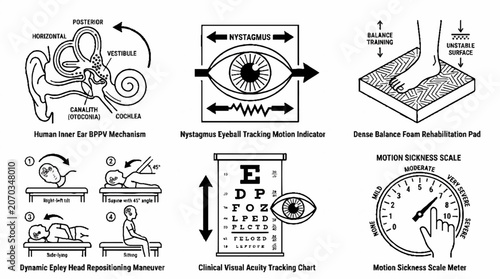 Medical diagrams of vestibular system balance rehabilitation and motion sickness diagnostic tools.