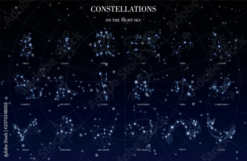 A starry night sky with various constellations and stars. Zodiac constellations set with twelve astrological signs on transparent background.