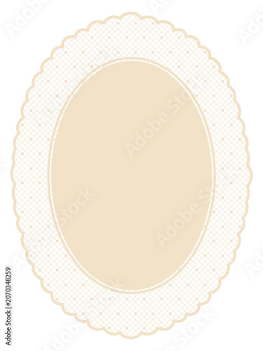 Whimsy oval lace frame with dotted mesh texture. Classic embroidery handkerchief with polka dot pattern for cottagecore stationery. Vintage retro lace doily clipart in crochet style.