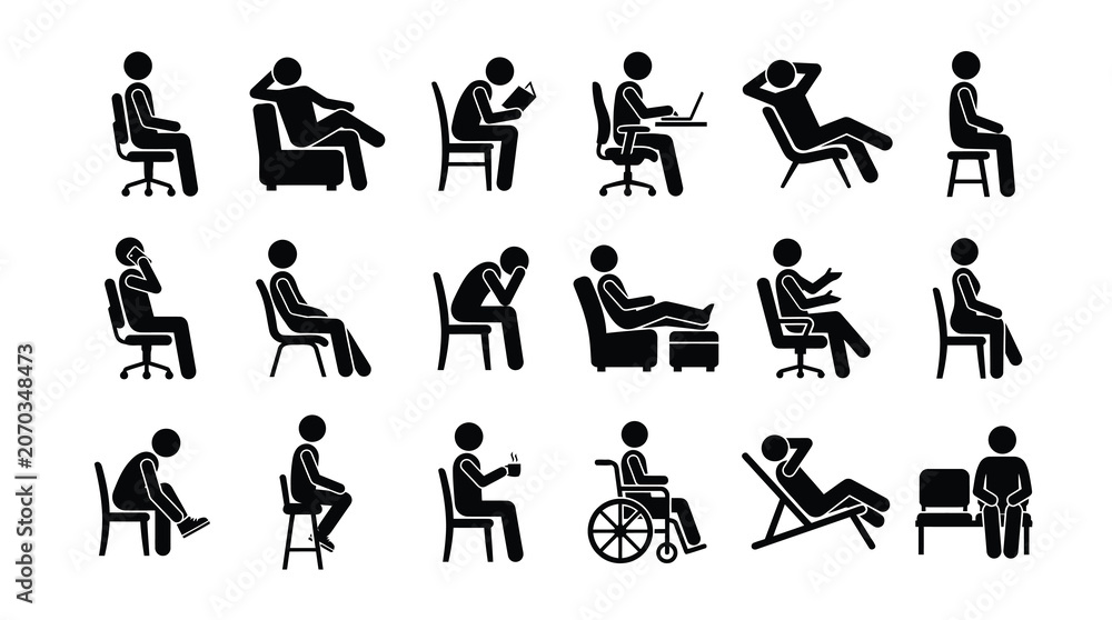 Obraz premium People sitting positions stick figure icons set. Human poses on chairs, sofas, working on laptop, reading, and wheelchair vector silhouettes.