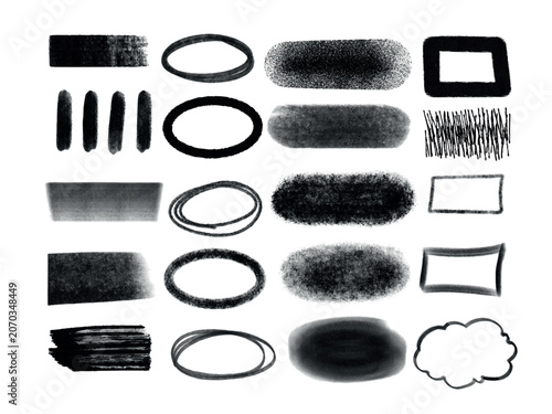 Hand drawn ink doodles collection featuring speech bubbles and sketchy geometric shapes for creative design vector illustration