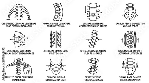 Medical illustration of human spinal column biomechanics and vertebral stress points with technical diagrams.