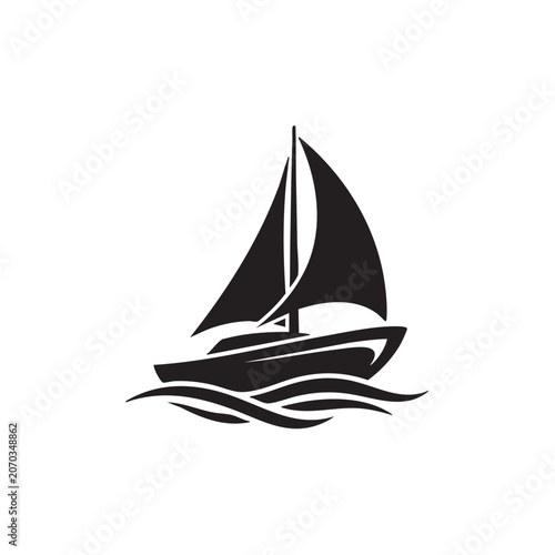 Vector illustration of a sailing ship on the ocean with waves under a sunny sky