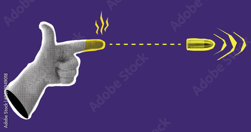 Black and white halftone illustration of a hand making a playful gun gesture with two extended fingers for pointing or as a 'finger gun'.