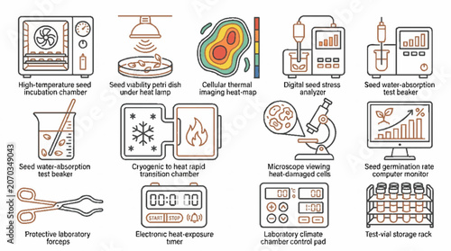 Laboratory equipment icons for seed testing and agricultural science research.