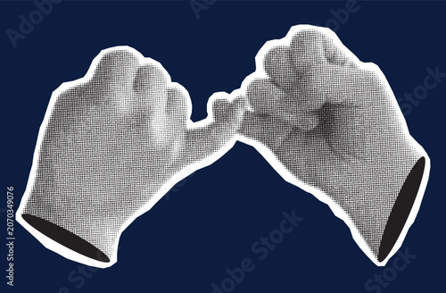 Pinky promise halftone collage element. Two hands linking little fingers. Modern retro vector illustration for mixed media design isolated on transparent background