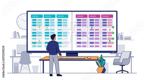 IT expert analyzing data migration and workflow structures on split screen in office flat design vector illustration