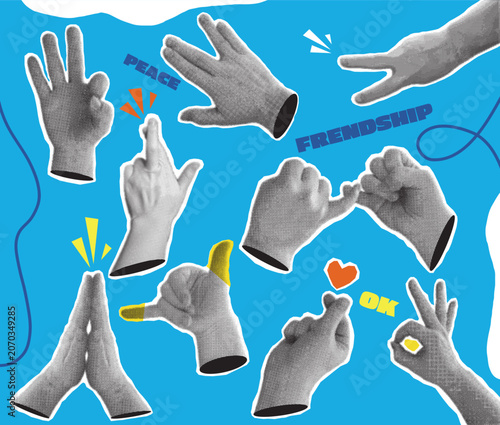 Halftone hands showing various gestures on a gray background. Vintage collage style with retro pop art elements. Communication and expression concept.