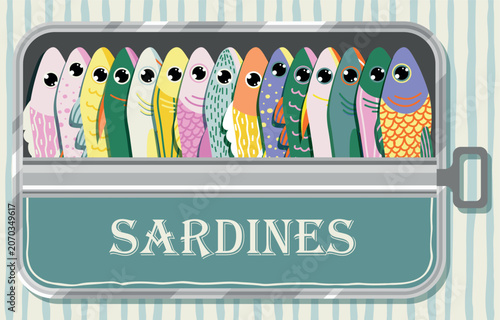 A vibrant illustration of opened sardine can and swimming fish with the word sardines prominently displayed on retro background