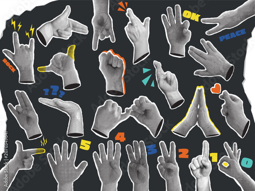 Halftone hands showing various gestures on a gray background. Vintage collage style with retro pop art elements. Communication and expression concept.
