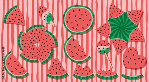 Cartoon fresh green open watermelon half, slices and triangles. Red watermelon piece with bite. Sliced watermelon fruit vector set