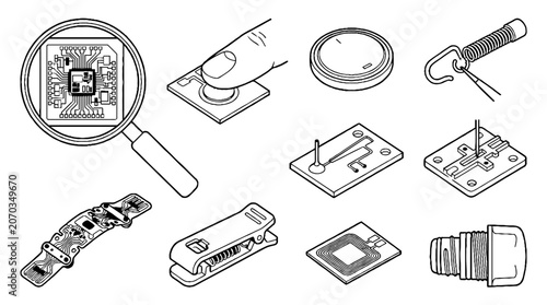 Isometric line art collection of electronic components and microchip sensors for wearable technology.
