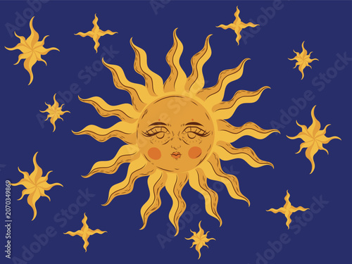 Magical Sun. Heavenly art crescent sun with a face on a dark starry background.