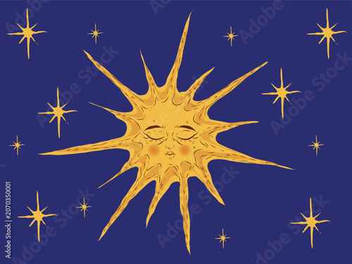 Magical Sun. Heavenly art crescent sun with a face on a dark starry background.