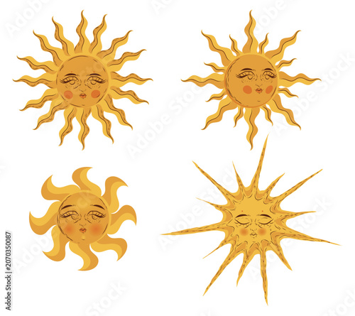 Magical set of Sun. Heavenly art crescent sun with a face, sun with the moon on a black background. Vector set sun logo, icons and symbols. Minimalist geometric various design sun elements.