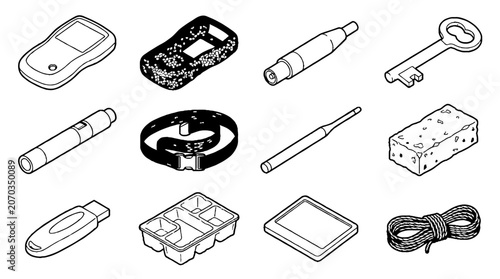 Isometric line art collection of everyday objects and tools in black and white.