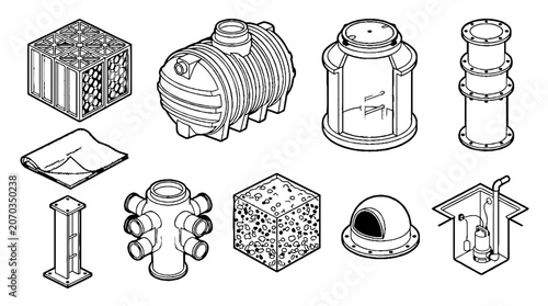 Isometric line art illustration of industrial water management and drainage system components.