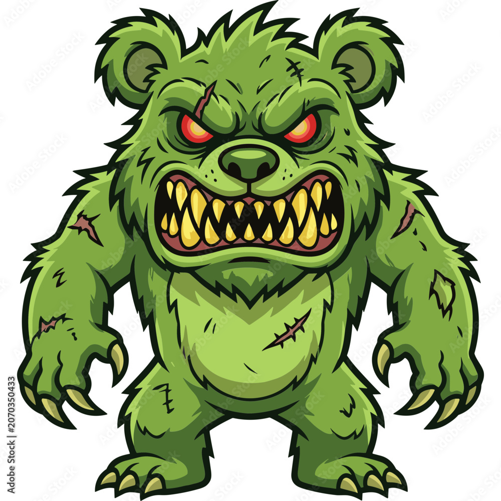 Fototapeta premium A cartoon green bear appears menacing with sharp teeth and glowing red eyes.